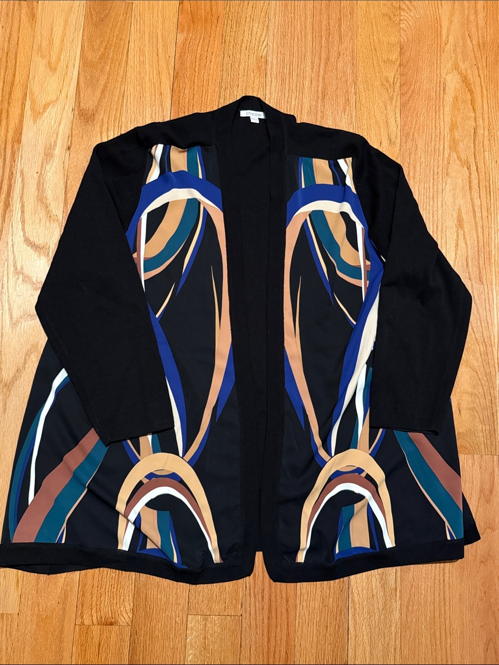 Chico's Black Open Front Cardigan with Blue, Tan, Cream & Teal  Print Size 3 XL